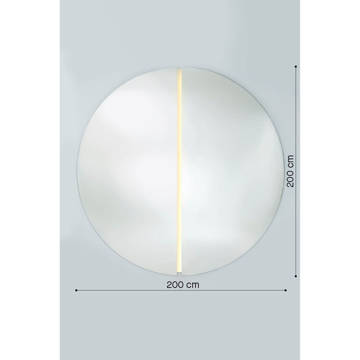Luna Light LED Two Piece Round Wall Mirror 200cm, a frameless round mirror in two halves with a vertical LED strip in the central seam, shown against a plain grey background.
