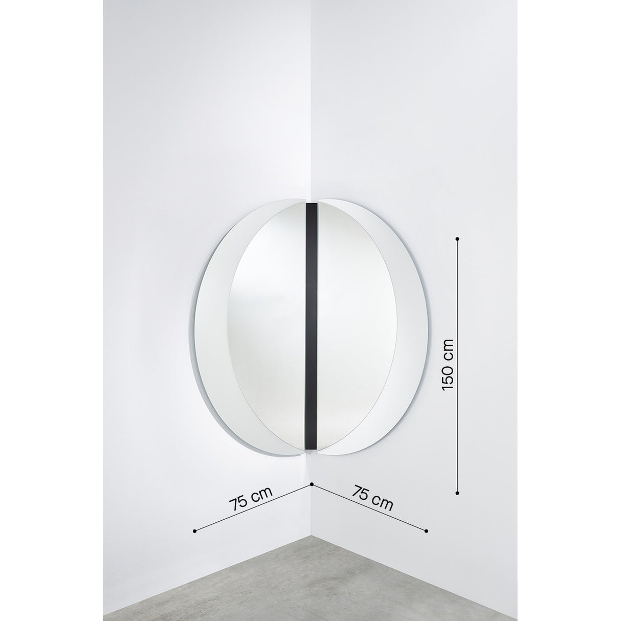 Luna Black Two Piece Corner Wall Mirror 150cm, round frameless design split across a room corner with a black lacquered glass strip, shown with 75cm and 150cm dimension guides on a white wall.