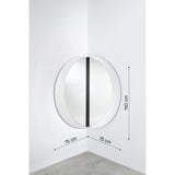 Luna Black Two Piece Corner Wall Mirror 150cm, round frameless design split across a room corner with a black lacquered glass strip, shown with 75cm and 150cm dimension guides on a white wall.