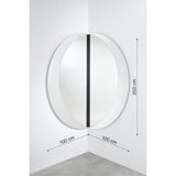 Luna Black Two Piece Corner Wall Mirror, 200cm round design split into two frameless glass halves mounted at right angles with a black lacquered strip at the join, shown in a white corner space.