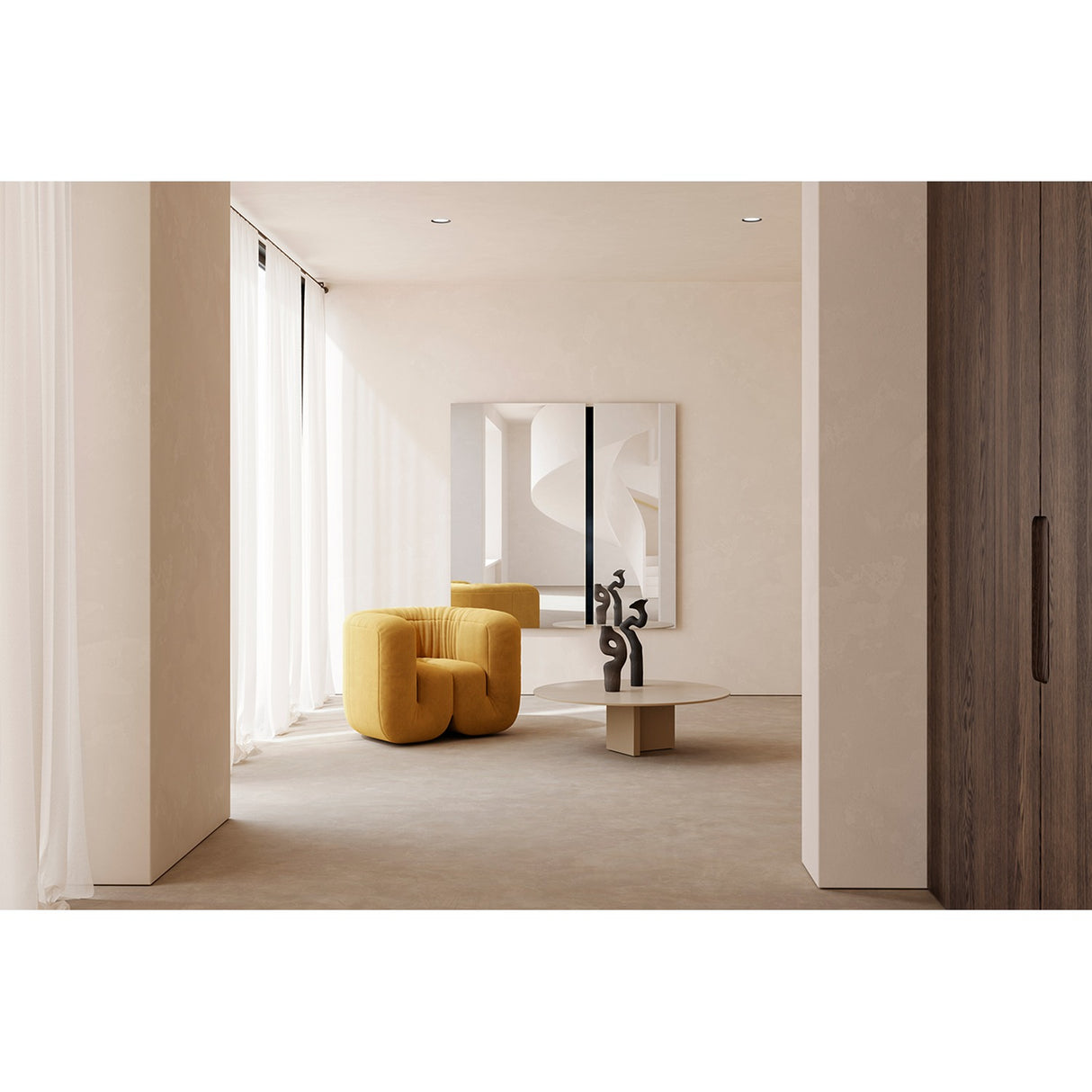 Luna Black Two Piece Square Wall Mirror 200cm mounted above a coffee table in a living room, two glass panes divided by a black lacquered strip, styled with a yellow armchair and sculptural decor.
