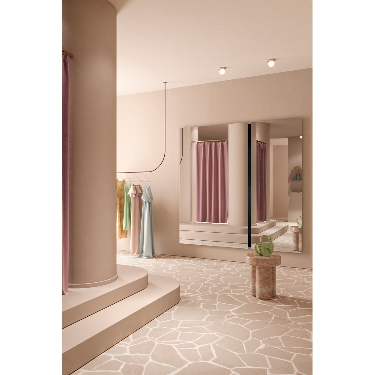 Luna Black Two Piece Square Wall Mirror 200cm, frameless glass panes with a black lacquered vertical divide, shown reflecting a pink-toned changing room with curtains and stone flooring.