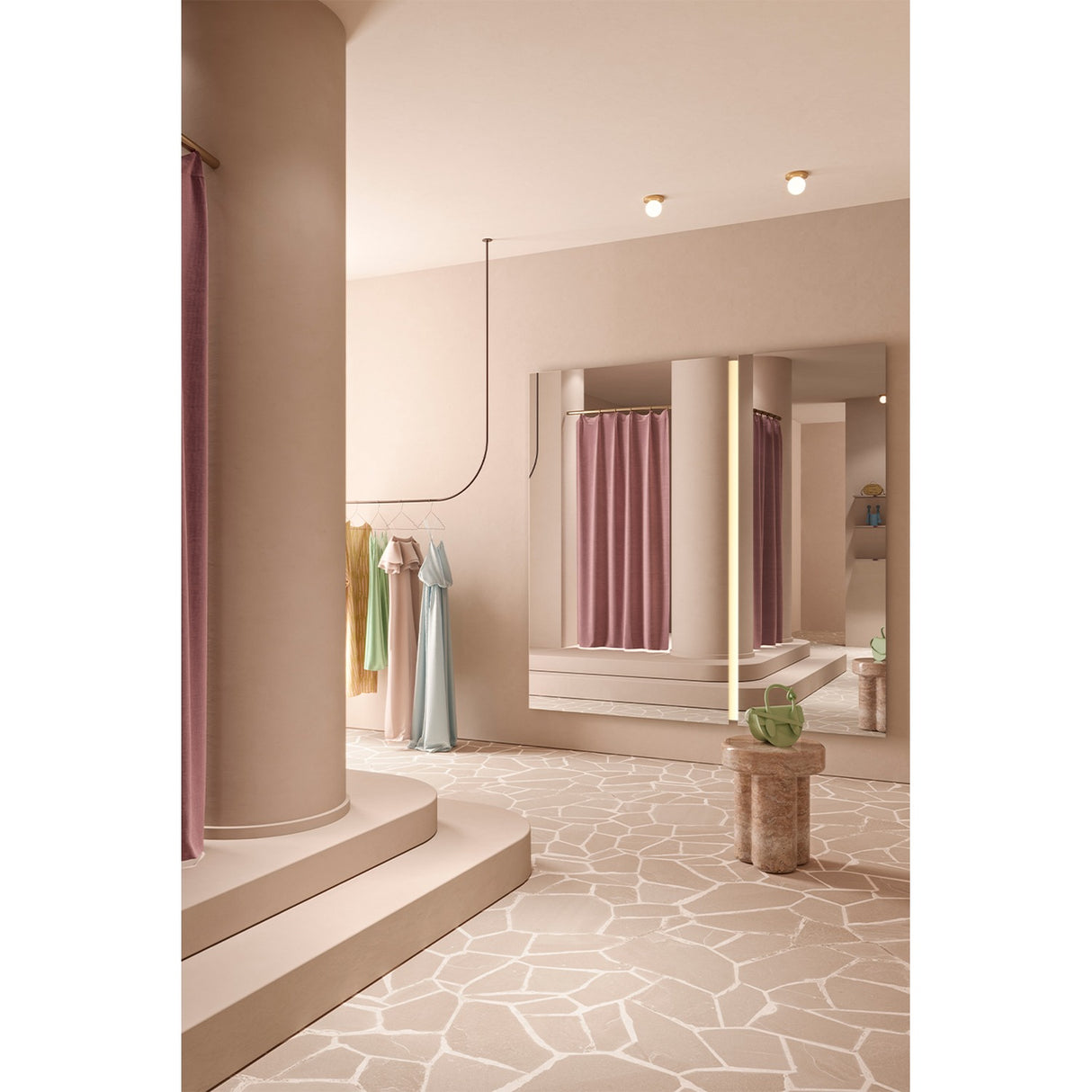 Luna Light LED Two Piece Square Wall Mirror 200cm in a pink-toned fitting room, frameless glass with a vertical LED strip lighting the seam between panels.