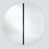 Luna Black Two Piece Round Wall Mirror 150cm, a frameless round mirror split into two half-moons with a black lacquered glass strip at the central joint, on a plain light background.