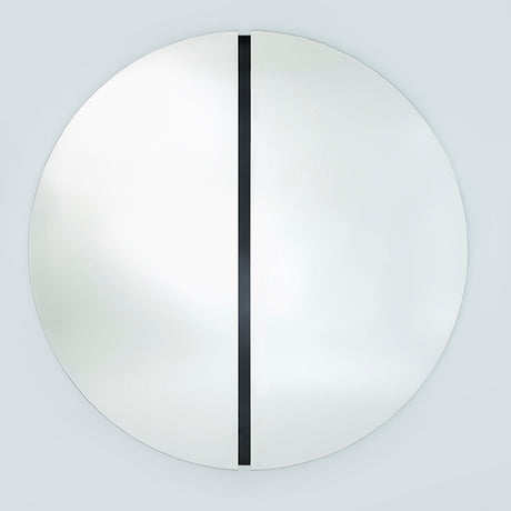 Luna Black Two Piece Round Wall Mirror 150cm, a frameless round mirror split into two half-moons with a black lacquered glass strip at the central joint, on a plain light background.