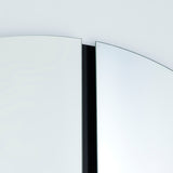 Close-up of the Luna Black Two Piece Round Wall Mirror 150cm, showing frameless glass halves meeting at a recessed black lacquered central joint, on a plain light background.