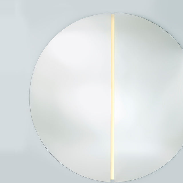 Luna Light LED Two Piece Round Wall Mirror 200cm, a frameless circular mirror split into two halves with a vertical LED strip lighting the central seam, on a plain light background.