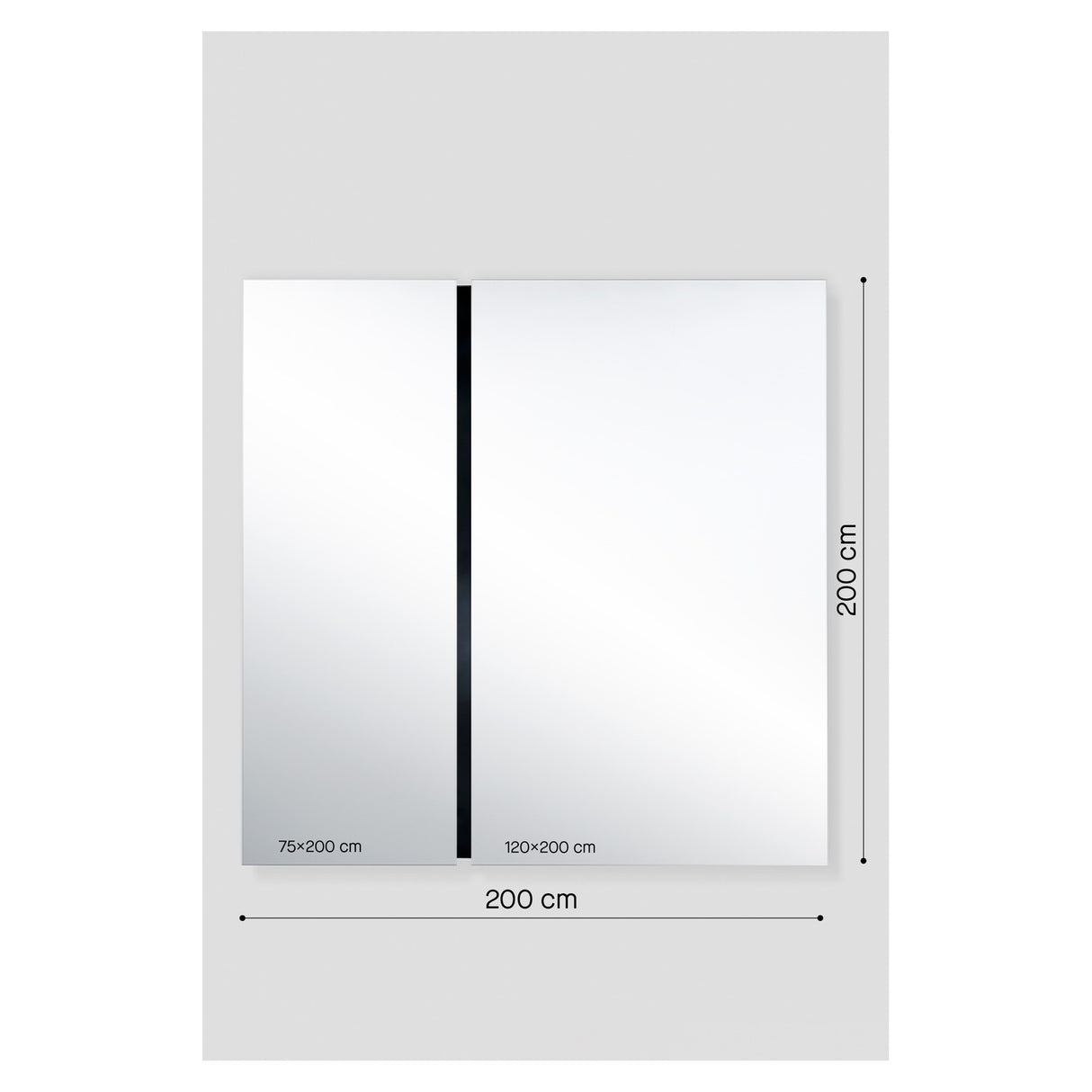 Luna Black Two Piece Square Wall Mirror 200cm with a black lacquered glass strip dividing two frameless panes, shown with 75x200cm and 120x200cm panel dimensions on a light grey background.