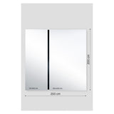 Luna Black Two Piece Square Wall Mirror 200cm with a black lacquered glass strip dividing two frameless panes, shown with 75x200cm and 120x200cm panel dimensions on a light grey background.