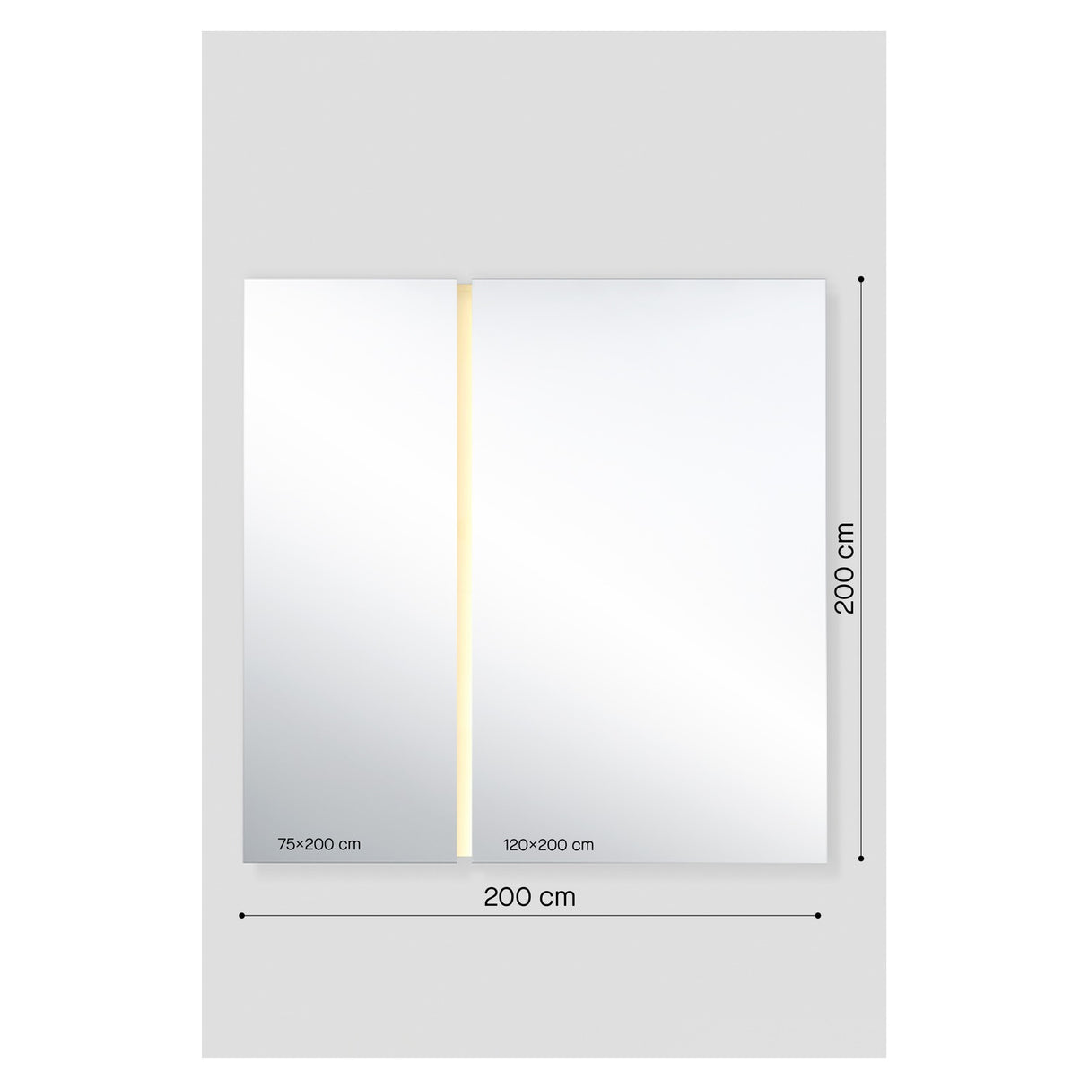 Frameless square Luna Light LED wall mirror, 200cm, in two panels (75x200cm and 120x200cm) with a vertical LED strip between them, shown with dimensions on a light grey background.