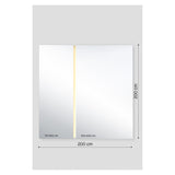 Frameless square Luna Light LED wall mirror, 200cm, in two panels (75x200cm and 120x200cm) with a vertical LED strip between them, shown with dimensions on a light grey background.
