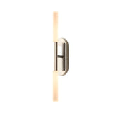 The Aurelian LED Double Column Alabaster Wall Light in Satin Nickel & Soft White features a metallic base and two vertically arranged cylindrical alabaster shades, displayed against a white background.