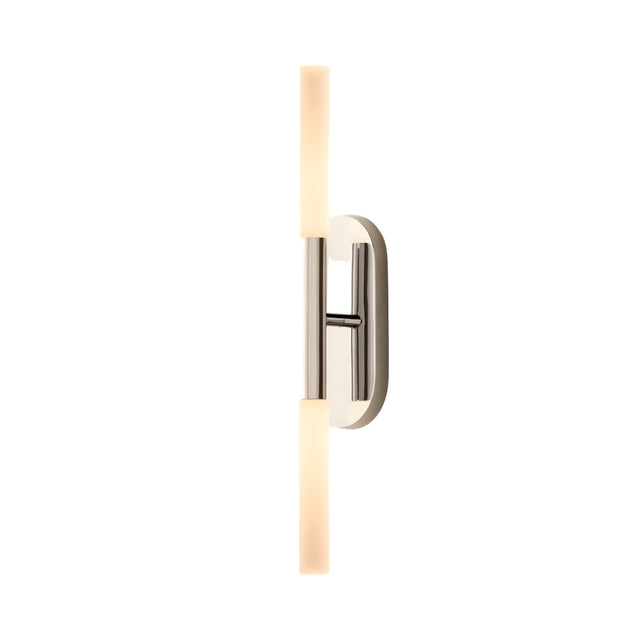 The Aurelian LED Double Column Alabaster Wall Light in Satin Nickel & Soft White features a metallic base and two vertically arranged cylindrical alabaster shades, displayed against a white background.