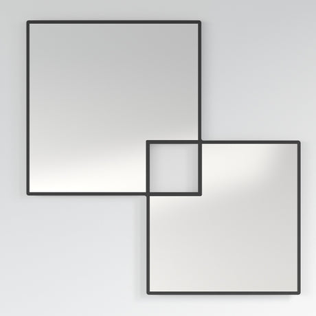 Quadro Overlapping Squares Printed Glass Wall Mirror 105cm, a frameless square design with two overlapping outlined squares in black, one transparent where they cross, on a plain light grey wall.