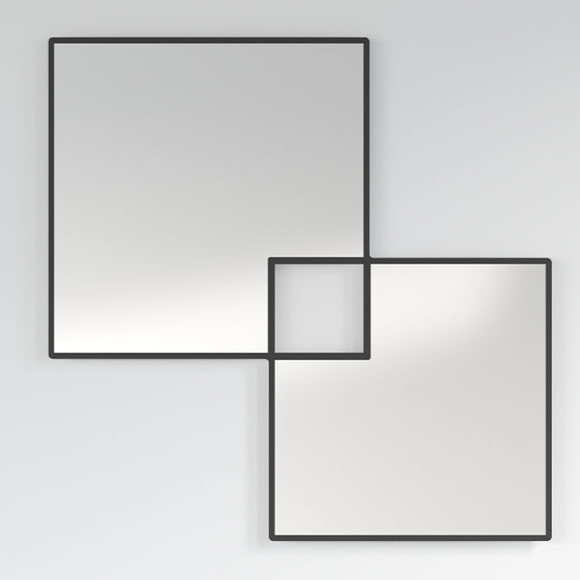 Quadro Overlapping Squares Printed Glass Wall Mirror 105cm, a frameless square design with two overlapping outlined squares in black, one transparent where they cross, on a plain light grey wall.