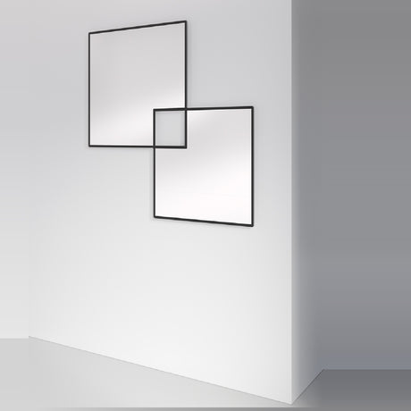 Quadro Overlapping Squares Printed Glass Wall Mirror 105cm, two frameless square mirrors with black outlined edges overlapping on a white wall.
