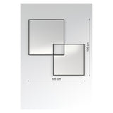 Quadro Overlapping Squares glass wall mirror, 105cm, two frameless square panels overlapping with black printed outlines, shown against a plain grey background with dimension markers.