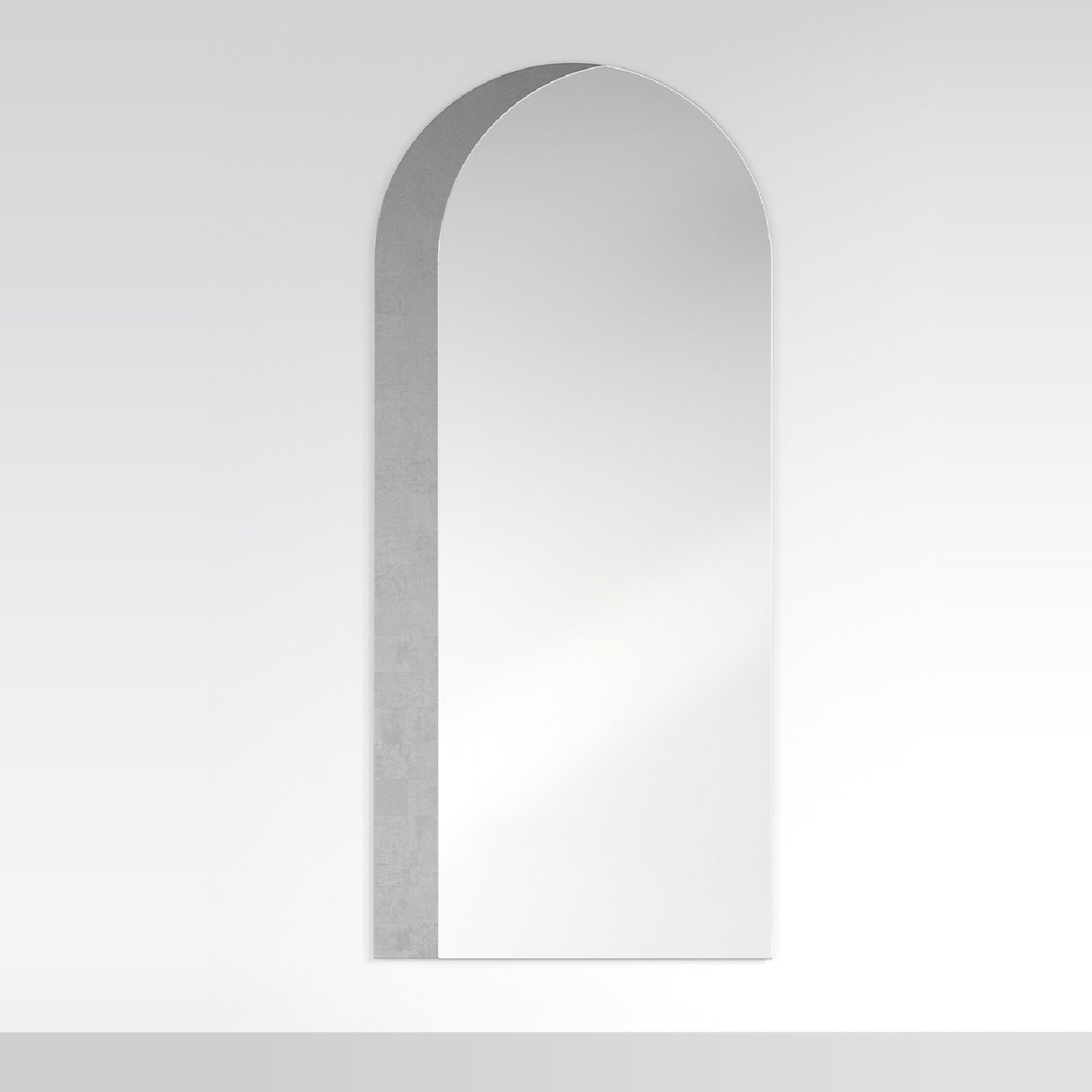 Orient Silver Leaf Arch Full Length Mirror 180cm, frameless arched wall mirror with straight sides curving into a rounded top and silver-leaf edge detail, shown against a plain light background.