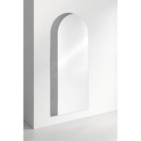 Orient Silver Leaf Arch Full Length Mirror 180cm, a frameless arched wall mirror with straight sides curving into a rounded top, leaning against a white wall in a plain room.