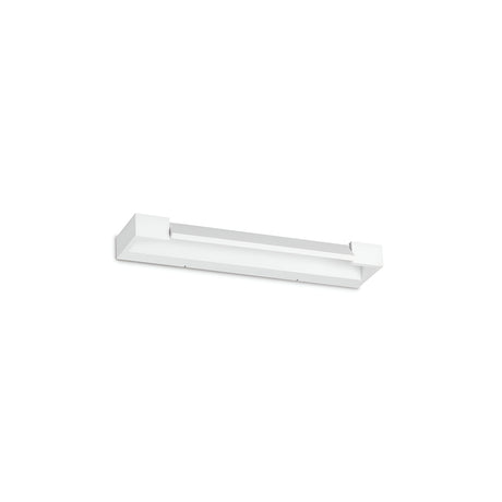 A contemporary light fixture with a sleek rectangular design, the Lystra LED Wall Light 12W 3000K in white is elegantly mounted on a plain white wall. Highlighting its minimalist aesthetic, this fixture showcases geometric style and energy-efficient LED technology, making it an ideal choice for modern interiors.