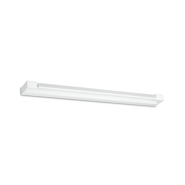 The Lystra LED Wall Light 24W 3000K - White, 90cm is a long, rectangular wall light with a minimalist and modern design. It features an adjustable diffuser and is mounted on a white background.