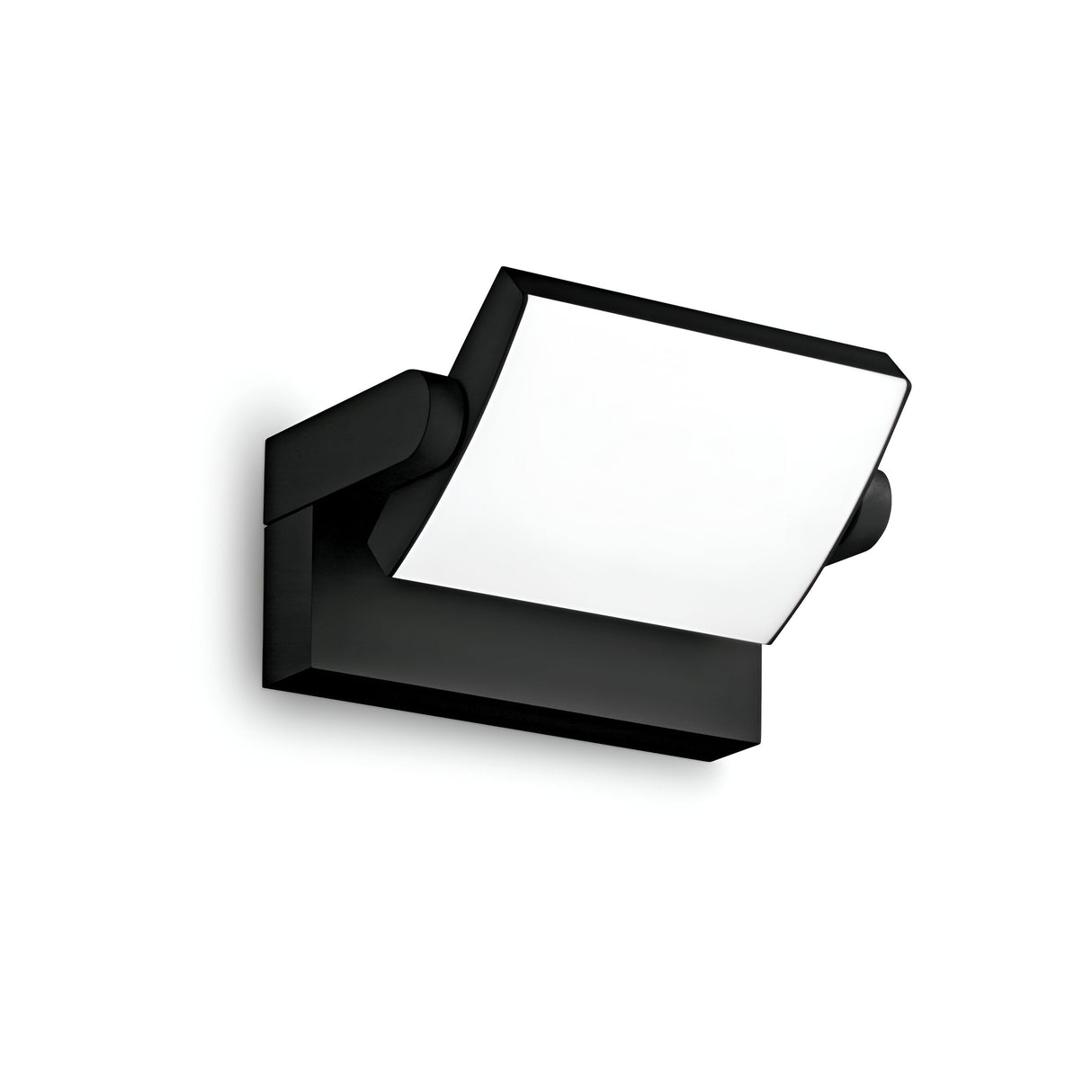 Introducing the Solstice LED Outdoor Wall Light 20.5W 3000K - Black, which showcases a sleek and minimalist black design complemented by a rectangular white panel. This modern light features an adjustable diffuser angled gently downward and boasts an IP54 rating, ensuring durability against the elements when set against a plain white background.