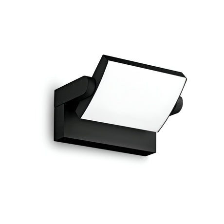 Introducing the Solstice LED Outdoor Wall Light 20.5W 3000K - Black, which showcases a sleek and minimalist black design complemented by a rectangular white panel. This modern light features an adjustable diffuser angled gently downward and boasts an IP54 rating, ensuring durability against the elements when set against a plain white background.