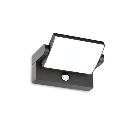 The Solstice LED Outdoor Motion Sensor Wall Light 21W 3000K in anthracite showcases a sleek square design with cutting-edge motion sensor technology, elegantly set against a crisp white background.