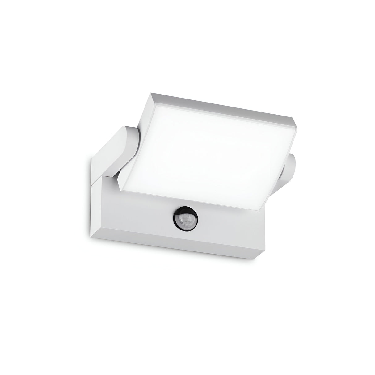 Introducing the Solstice LED Outdoor Motion Sensor Wall Light 21W 3000K in White, a modern square-shaped fixture crafted from powder-coated aluminum. Featuring a flat diffuser panel and equipped with an LED motion sensor at the bottom, its sleek design is ideal for minimalist outdoor environments.