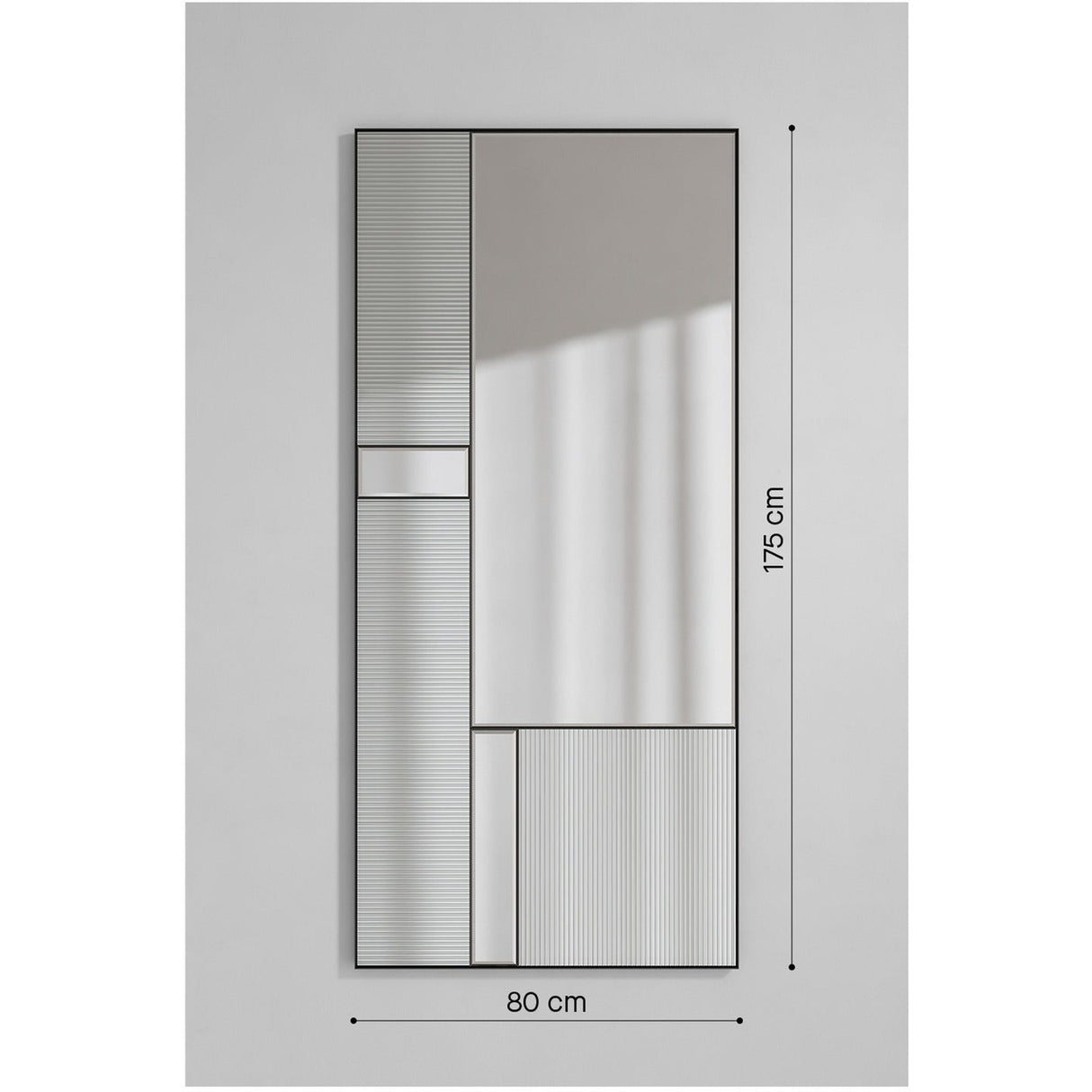 Finestra Flutes full-length rectangular wall mirror in a black metal frame, 175cm x 80cm, pairing plain mirror glass with fluted textured glass panels, shown on a light grey background.