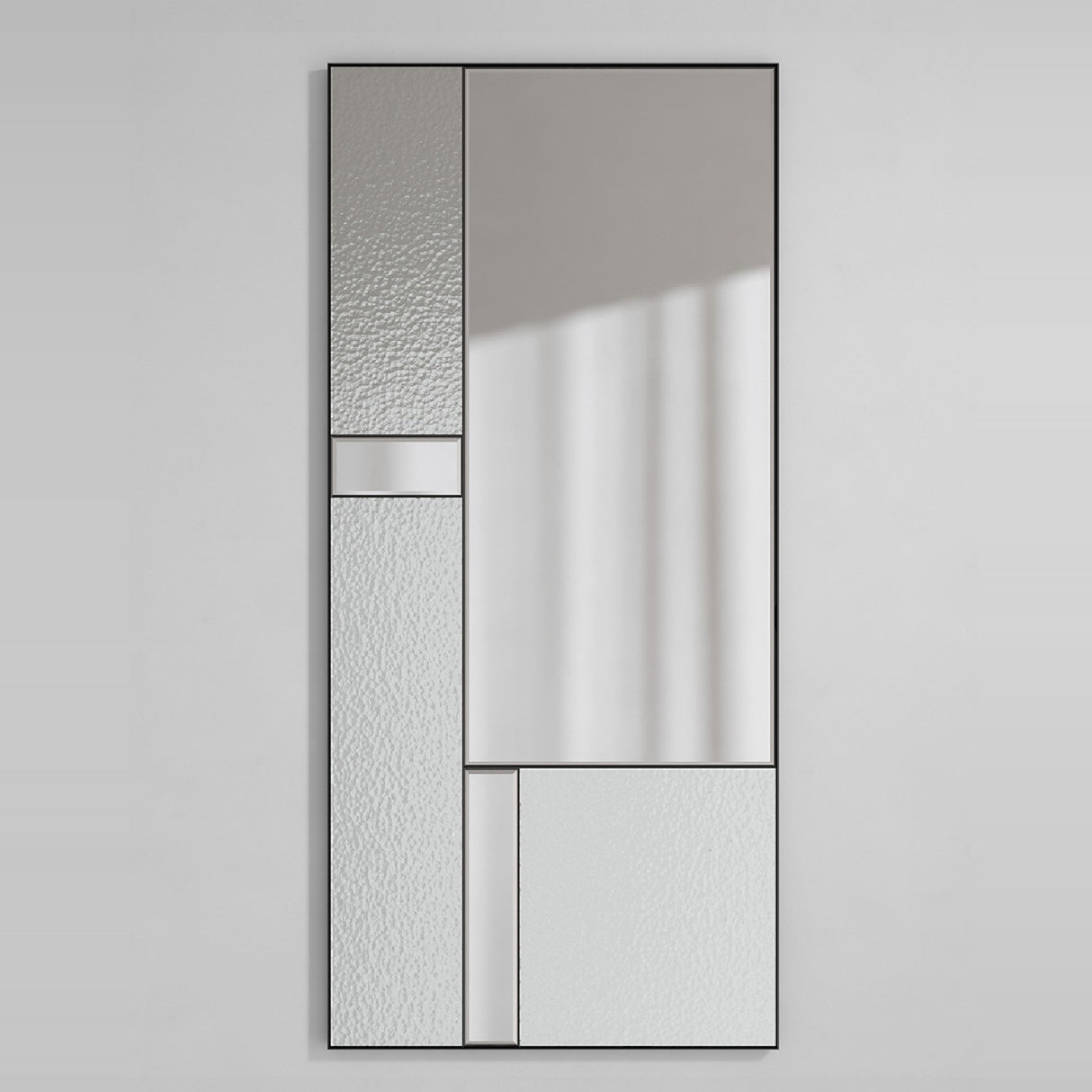 Finestra Deco full length mirror, 175cm, with slim black metal frame dividing panes of plain mirror and textured reeded glass, shown on a plain light grey background.