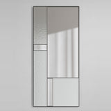 Finestra Deco full length mirror, 175cm, with slim black metal frame dividing panes of plain mirror and textured reeded glass, shown on a plain light grey background.