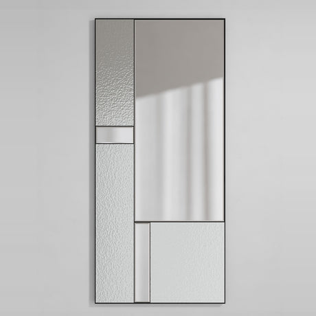 Finestra Deco full length mirror, 175cm, with slim black metal frame dividing panes of plain mirror and textured reeded glass, shown on a plain light grey background.