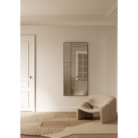 Finestra Deco full length mirror, 175cm, with slim black metal frame dividing plain mirror and reeded textured glass panes, shown wall-mounted in a neutral hallway setting.