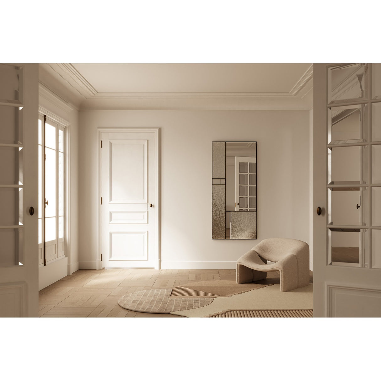Finestra Deco full length mirror, 175cm, with slim black metal frame dividing panes of plain mirror and reeded textured glass, mounted on a wall in a hallway setting.