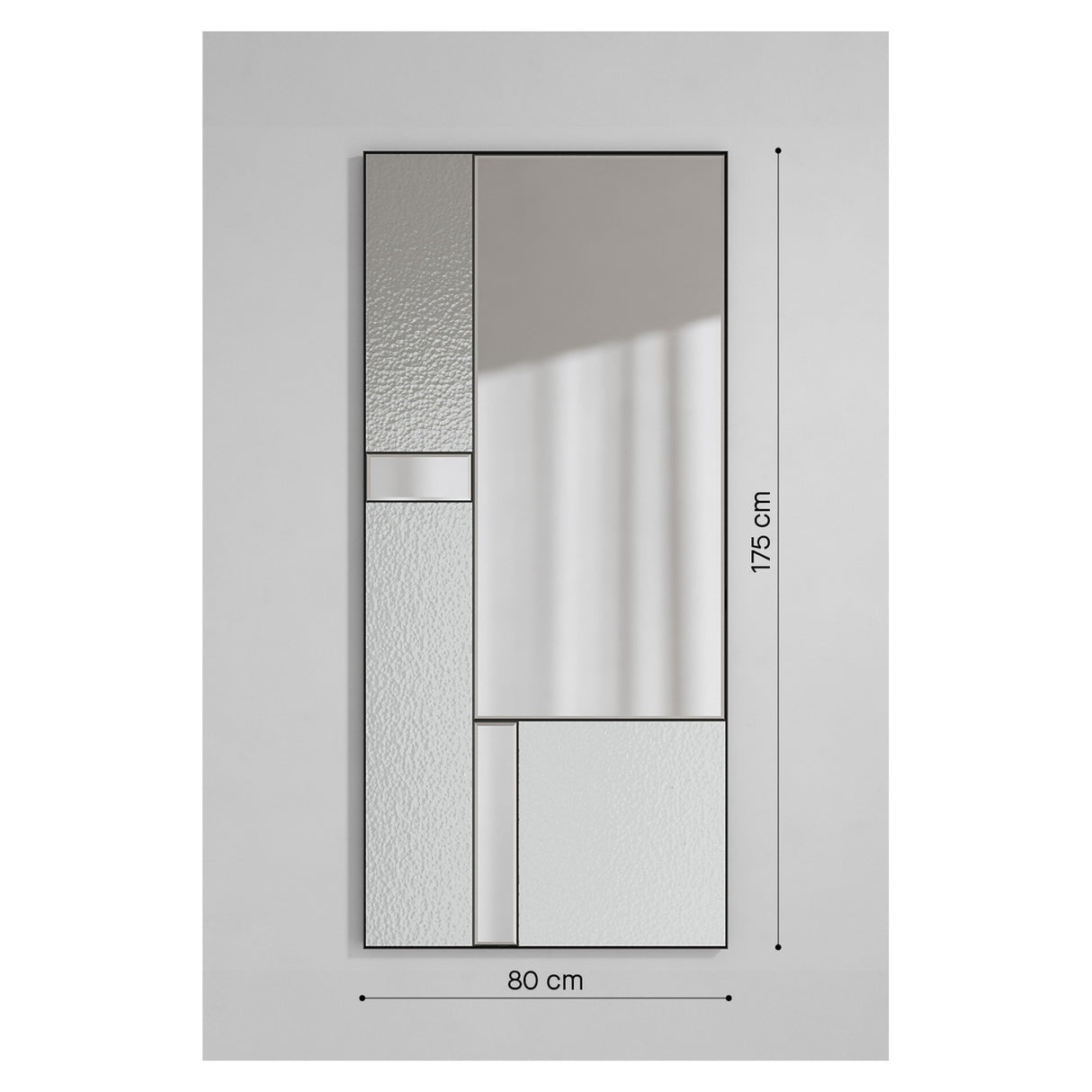Finestra Deco full length mirror, 80x175cm, black metal grid frame with mixed clear mirror and textured glass panes, shown on a plain grey background with dimension labels.