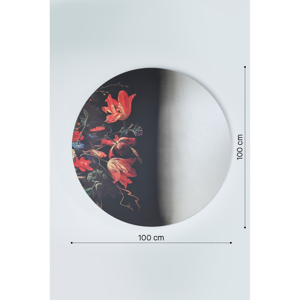 Round frameless wall mirror, 100cm diameter, featuring a printed red flower still life on dark background covering half the glass, fading into plain reflective surface.