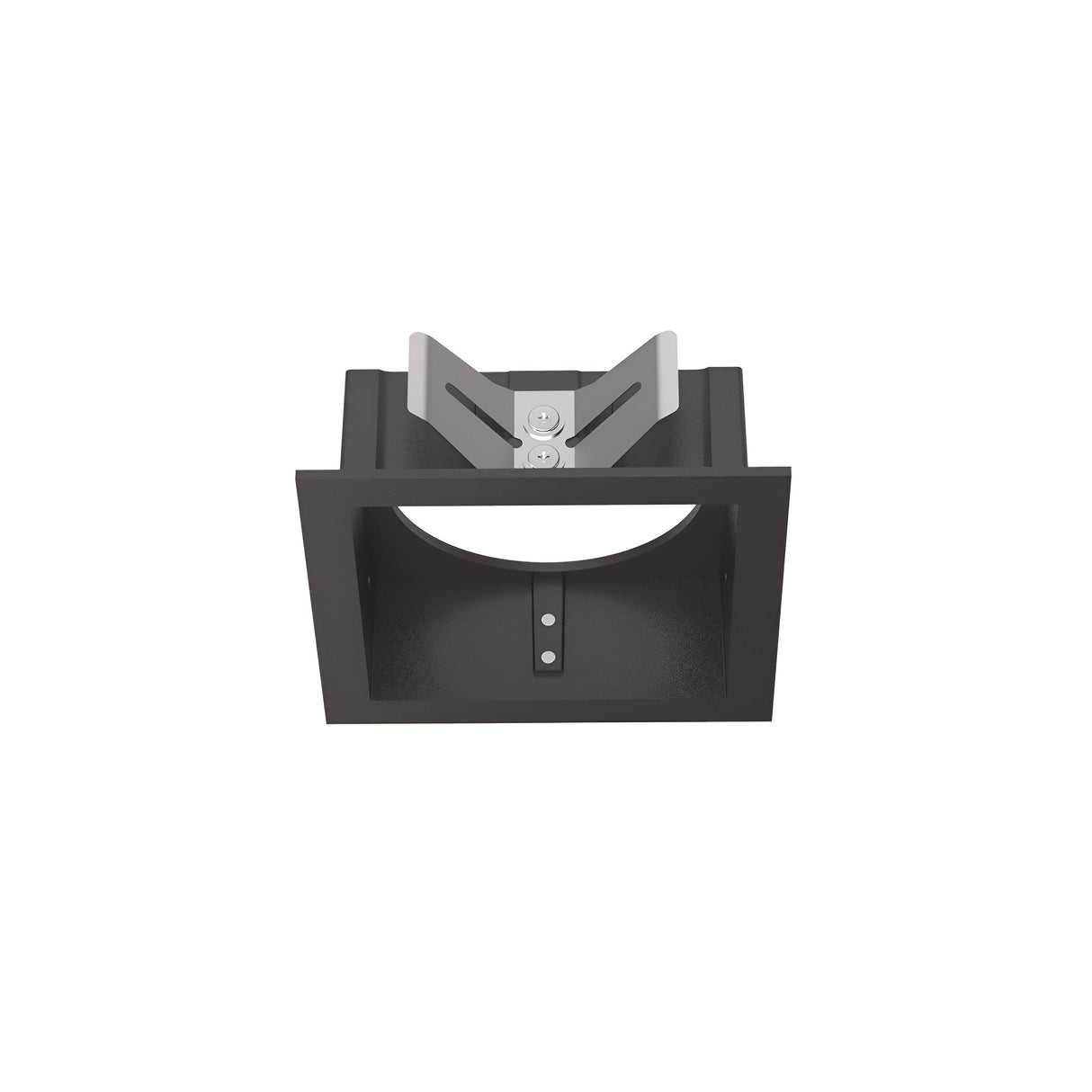 From the front, the Voltis Square Frame 80mm - Black showcases a sleek square black recessed light fixture with a central metallic component. It's part of a versatile modular lighting system, encased in a rectangular frame featuring clean lines and minimalist design.
