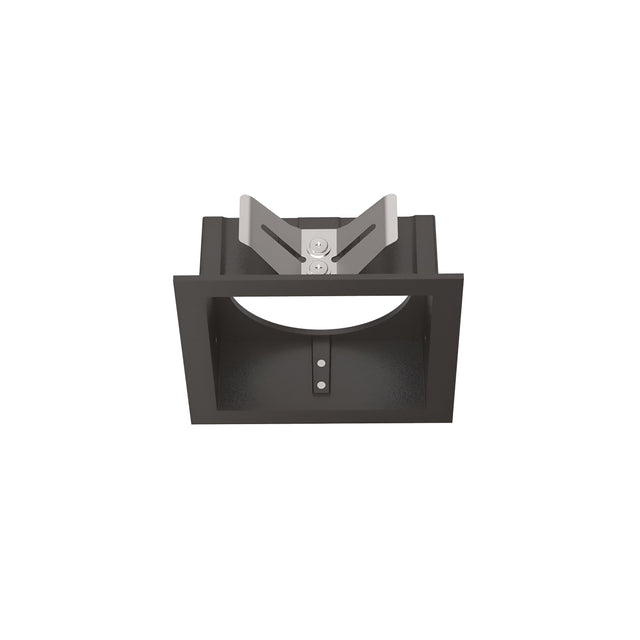 From the front, the Voltis Square Frame 80mm - Black showcases a sleek square black recessed light fixture with a central metallic component. It's part of a versatile modular lighting system, encased in a rectangular frame featuring clean lines and minimalist design.