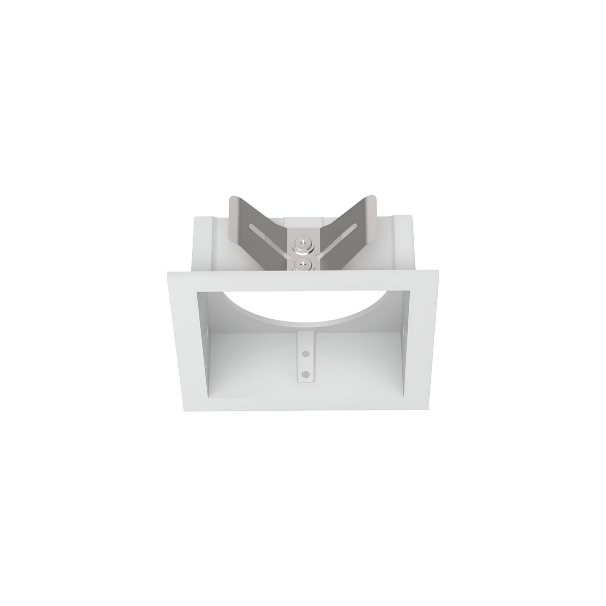 The Voltis Square Frame 80mm - White is a white, square recessed ceiling light fixture with a circular inner component and two mounting brackets. This modular design exemplifies minimalist aesthetics, delivering both modern functionality and style when viewed from below.