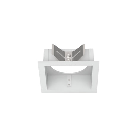 The Voltis Square Frame 80mm - White is a white, square recessed ceiling light fixture with a circular inner component and two mounting brackets. This modular design exemplifies minimalist aesthetics, delivering both modern functionality and style when viewed from below.