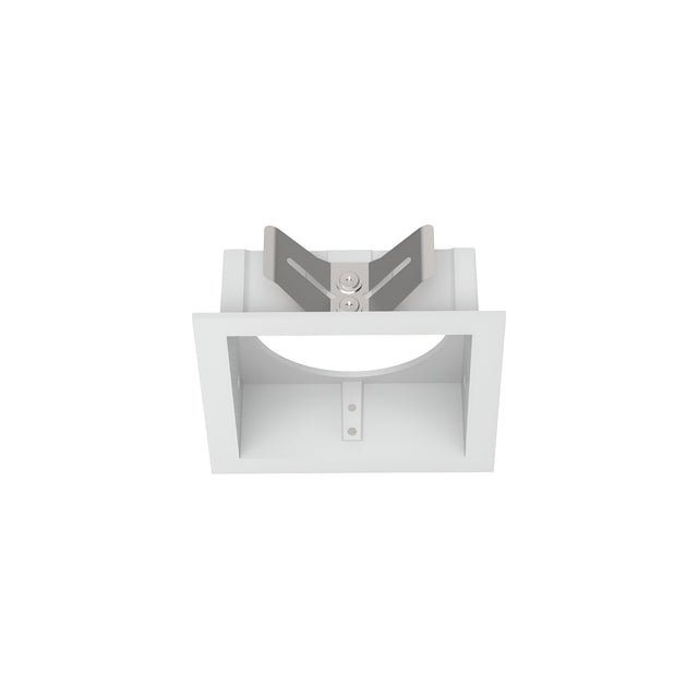 The Voltis Square Frame 80mm - White is a white, square recessed ceiling light fixture with a circular inner component and two mounting brackets. This modular design exemplifies minimalist aesthetics, delivering both modern functionality and style when viewed from below.