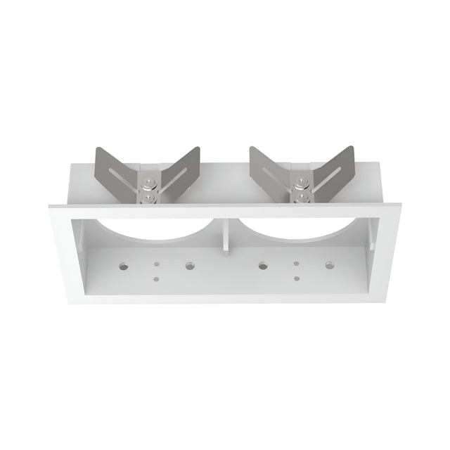 The Voltis Square Twin Frame 143mm - White is a modular system that includes a rectangular, recessed light fixture in white with two circular openings and adjustable metal brackets, designed for seamless ceiling installation.