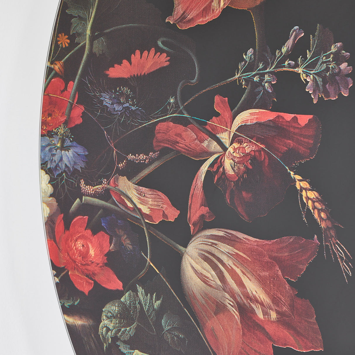 Close-up of the painted fragment, cornflowers and foliage set against the near black ground.