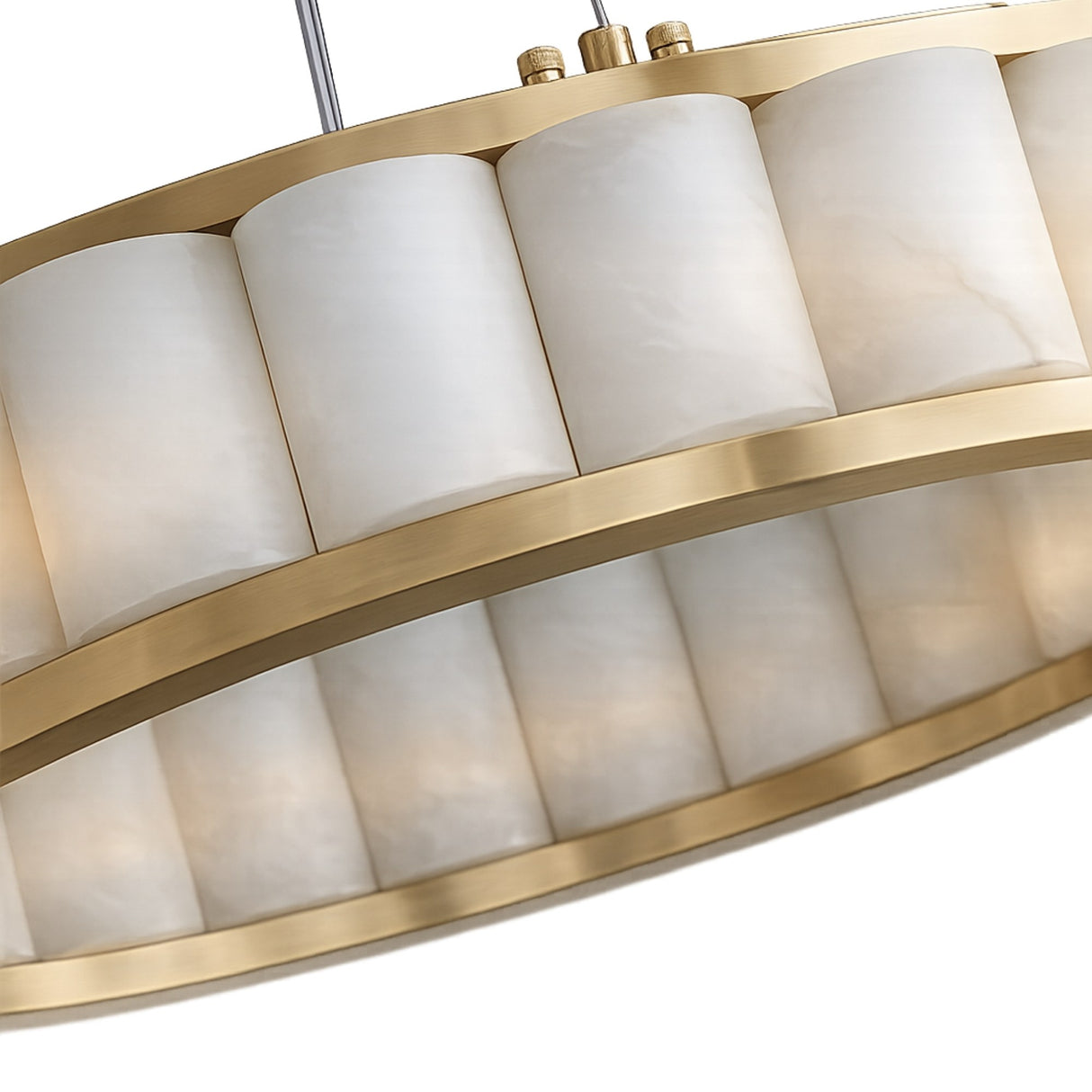 Close-up of the Orion 64 Light 2 Tier Ring Alabaster Chandelier, showcasing cylindrical soft white shades on a circular brushed brass frame with diffused lighting and a modern design.