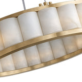 Close-up of the Orion 64 Light 2 Tier Ring Alabaster Chandelier, showcasing cylindrical soft white shades on a circular brushed brass frame with diffused lighting and a modern design.