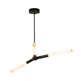 The Aurelian LED Triple Arm Alabaster Pendant Light in matte black and soft white features three elegant LED arms extending from a central hub, suspended by a black rod for stylish, warm illumination.
