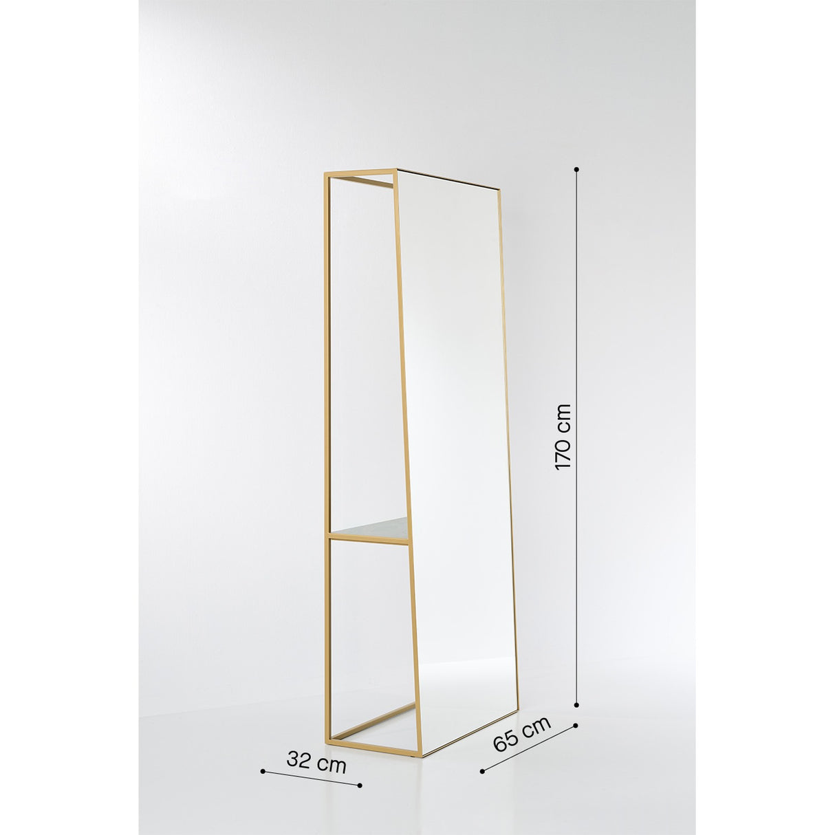 Chassis XL Deluxe free standing cheval mirror in gold metal frame with green marble shelf, 170cm high, shown at an angle on a plain white background with dimensions labelled.