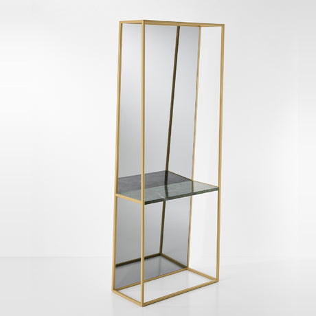 Chassis XL Deluxe free standing mirror in an open gold metal frame, 170cm high, with a green marble shelf set horizontally and a mirrored back panel, on a plain light background.