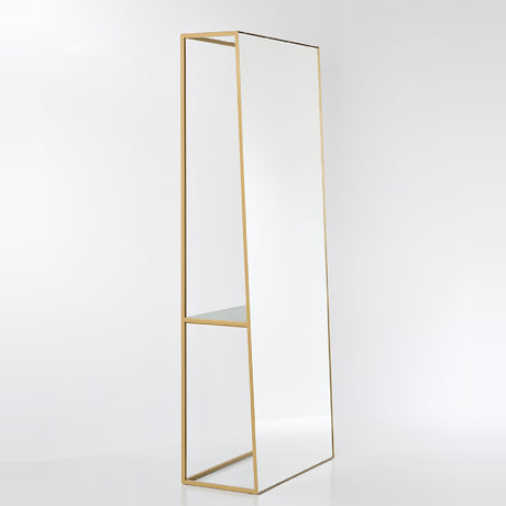 Chassis XL Deluxe free standing cheval mirror, 170cm, open gold metal frame with splayed foot, green marble shelf set within, clear mirror front, shown on a plain white background.